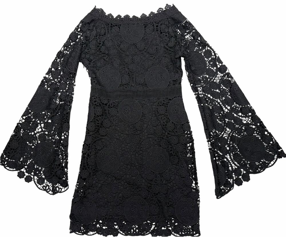 Romeo + Juliet Couture Black Crochet Lace Dress M Bell Sleeve Boho Floral Mini
